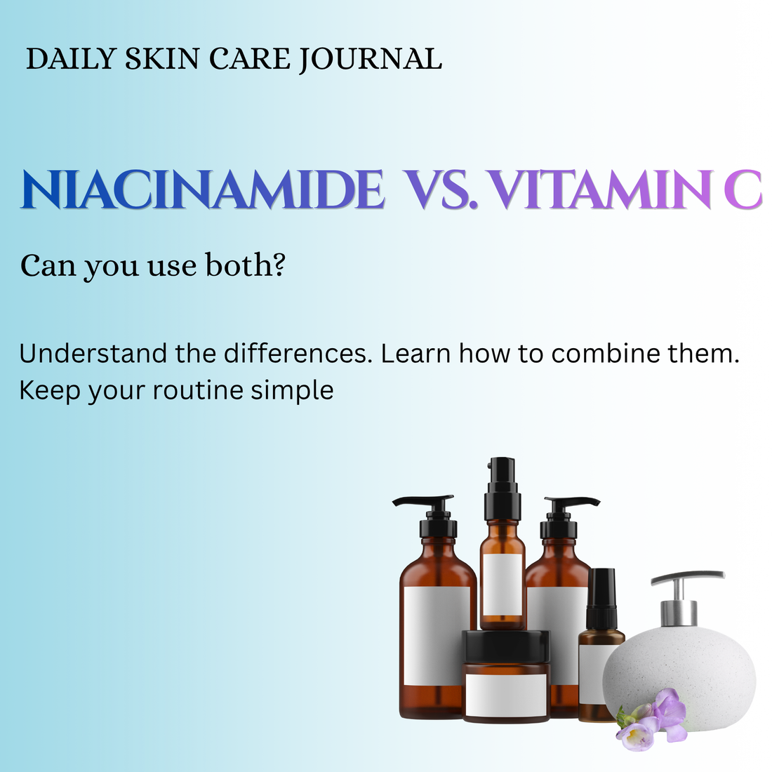 Niacinamide vs. Vitamin C article cover with skincare bottles and a moisturizer jar on a pale blue background.