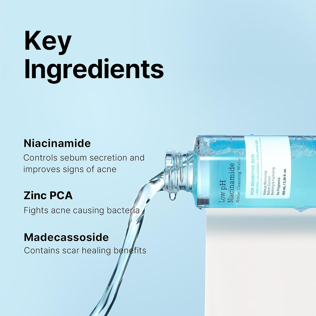 Low Ph Niacinamide Micellar Cleansing Water Daily Mild Facial Cleansing Wash for Sensitive Skin, Sebum Control, Korean Skin Care (3.38Fl.Oz/100Ml)