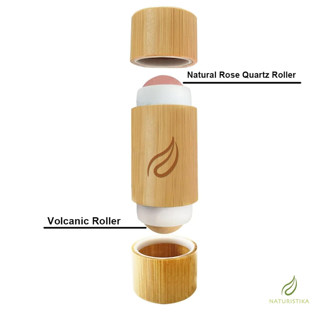 Double Head Face Roller with Rose Quartz + Volcanic Stone. Bamboo Face Roller Oil Absorbing Roller with Natural Quartz Face Eye Roller Massager. 1 Count.