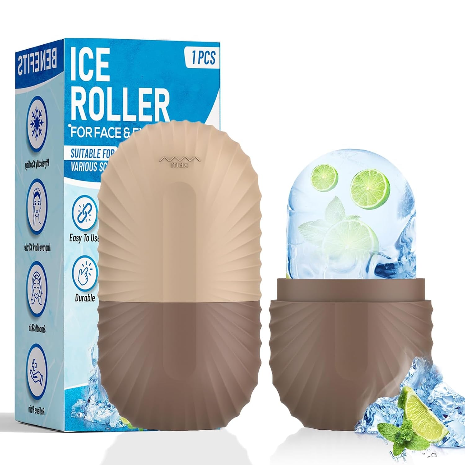 Ice Roller for Face and Eye, Silicone Ice Facial Roller Ice Holder, Face Ice Mold Skin Care, Face Icers Reusable Ice Cube Roller for Shrink Pores anti Wrinkle Reduce Puffiness, Brown