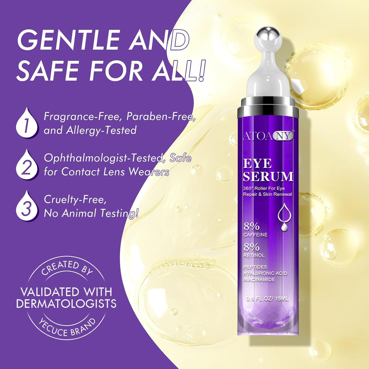 Eye Treatment Serum - 8% Caffeine & Retinol, Hyaluronic Acid, Niacinamide, Peptides - Cream for Dark Circles, Puffy Eyes, Fine Lines - 360° Eye Roller Massage Ball Included, 0.5 Fl. Oz