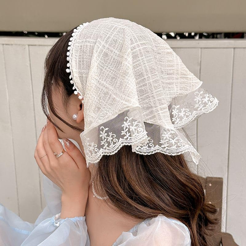 Hair Scarf Headband for Women Girls White Lace Head Kerchief Headband Soft Head Coverings Boho Triangle Bandana Turban Fashion Non Slip Scarves Accessories for Hair Styling Decor