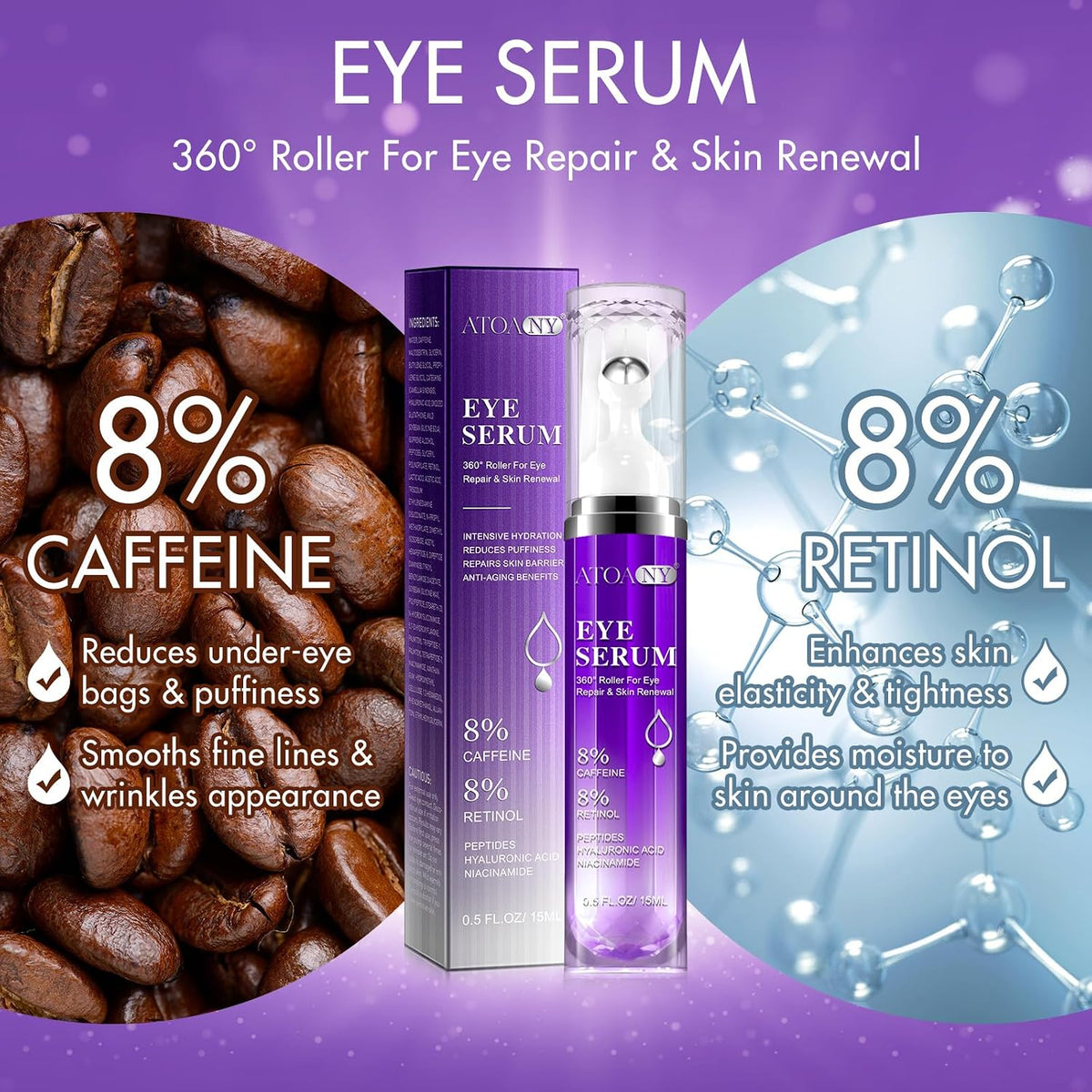 Eye Treatment Serum - 8% Caffeine & Retinol, Hyaluronic Acid, Niacinamide, Peptides - Cream for Dark Circles, Puffy Eyes, Fine Lines - 360° Eye Roller Massage Ball Included, 0.5 Fl. Oz