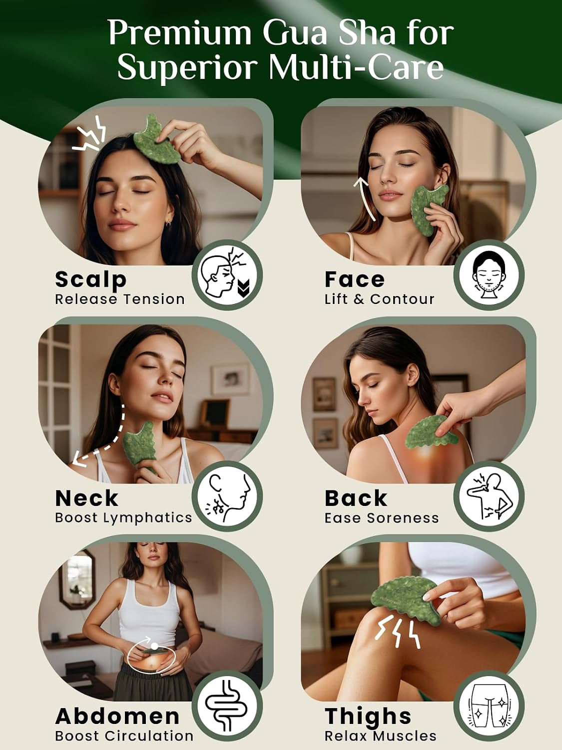 Body Gua Sha Tools, Natural Xiuyan Jade Guasha Tool, Manual Massage Sticks for Jawline Sculpting and Puffiness Reducing, Whole Body Skin Care Massager (Green)