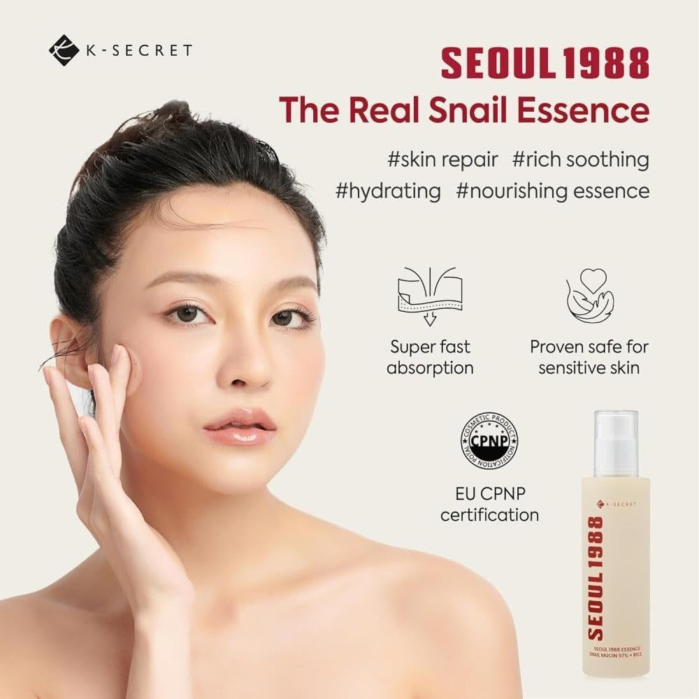 SEOUL 1988 Snail Mucin 97% Essence – Concentrated yet Lightweight Formula Infused with 97% Snail Mucin | Soothing & Fast-Absorbing Facial Serum | Korean Skincare, 100Ml / 3.38 Fl Oz