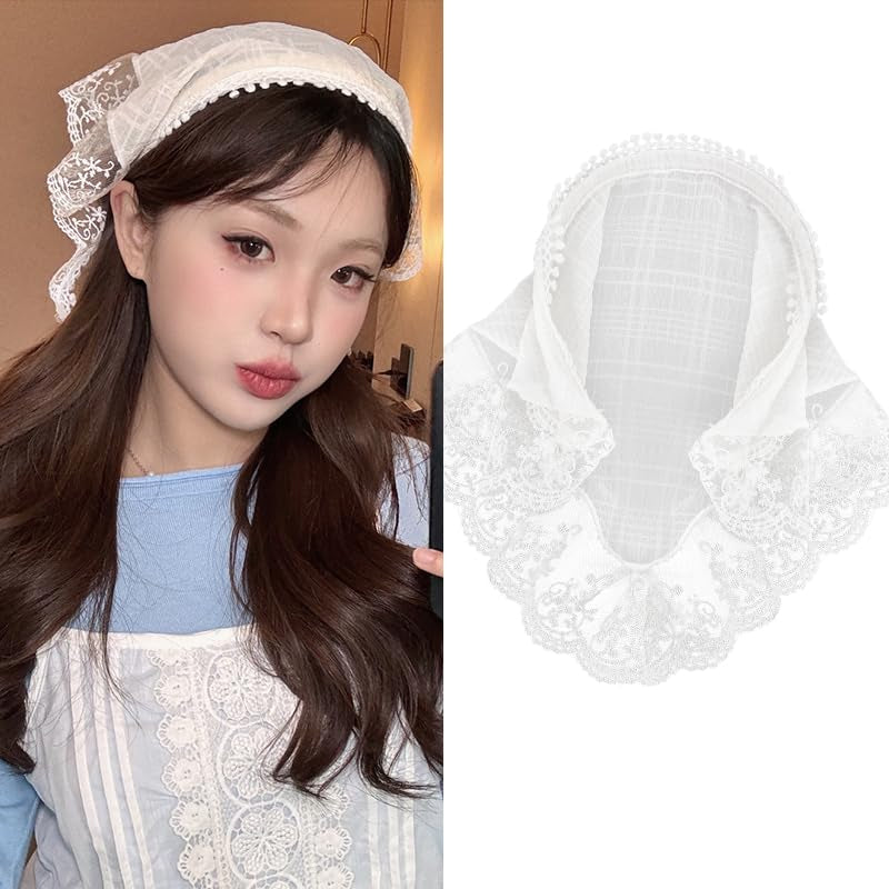 Hair Scarf Headband for Women Girls White Lace Head Kerchief Headband Soft Head Coverings Boho Triangle Bandana Turban Fashion Non Slip Scarves Accessories for Hair Styling Decor