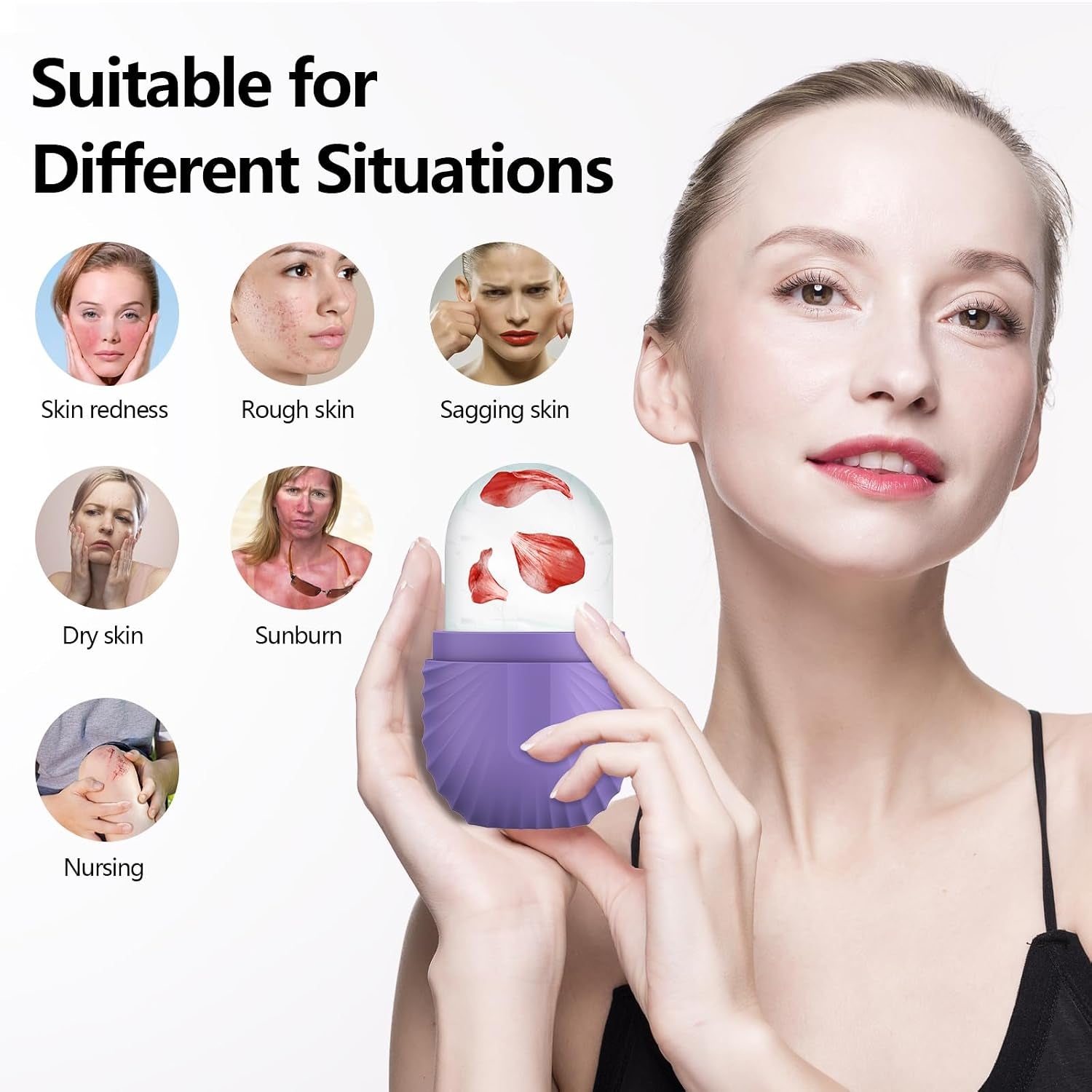 Ice Roller for Face and Eye, Silicone Ice Facial Roller Ice Holder, Face Ice Mold Skin Care, Face Icers Reusable Ice Cube Roller for Shrink Pores anti Wrinkle Reduce Puffiness, Purple