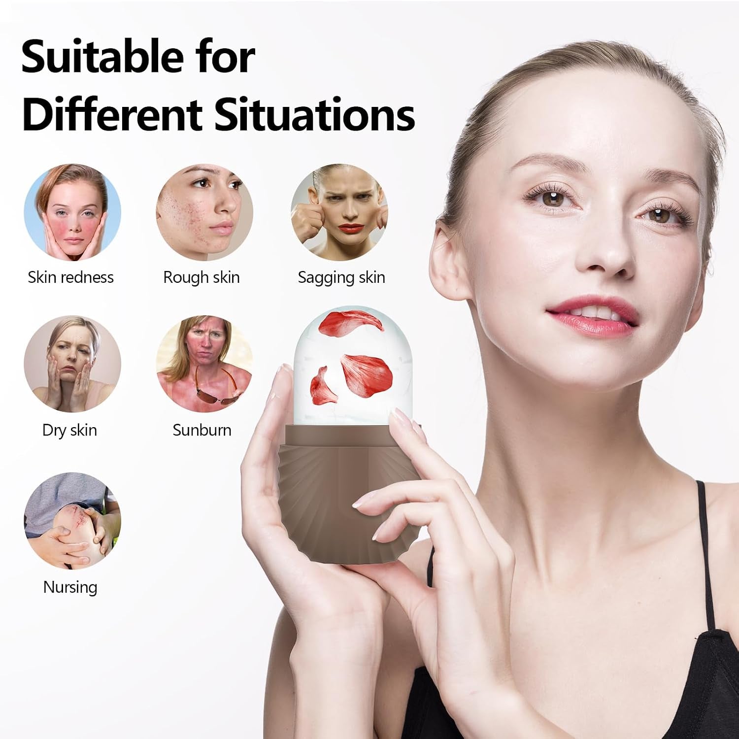 Ice Roller for Face and Eye, Silicone Ice Facial Roller Ice Holder, Face Ice Mold Skin Care, Face Icers Reusable Ice Cube Roller for Shrink Pores anti Wrinkle Reduce Puffiness, Brown