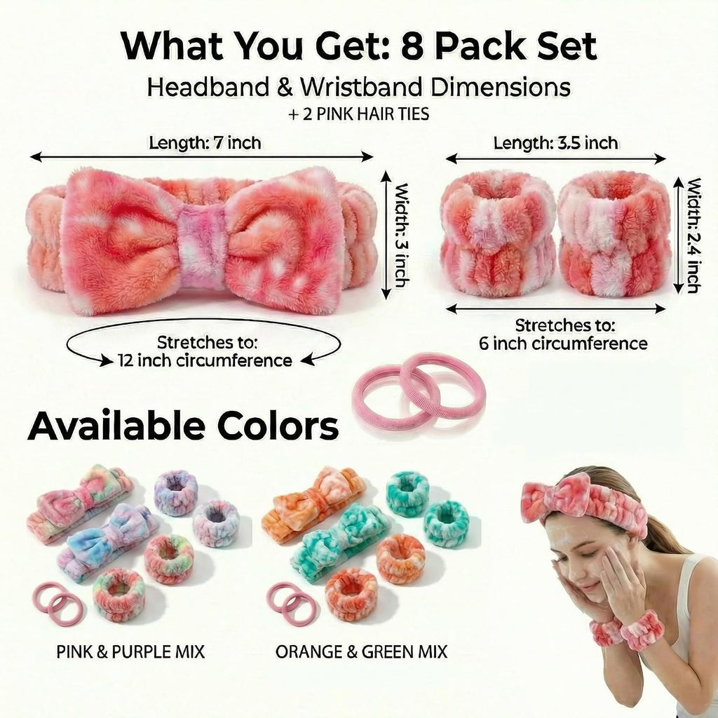 8 Pcs Spa Headband and Wristbands Set for Washing Face, Soft Face Wash Headbands Wrist Bands for Women with Scrunchies, Absorbent Wrist Towels, Makeup Hairband for Skincare, Yoga, and Teen Girls Gifts