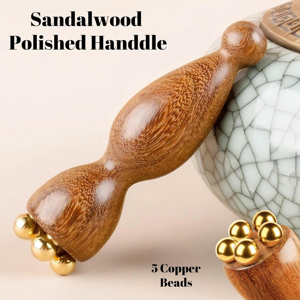 Mini Ice Roller Sandalwood Face Massager | Natural Sandalwood Grip Paired with 5 Copper Beads for Targeted Acupressure, Compact Portable Facial Tool for Face and Eye