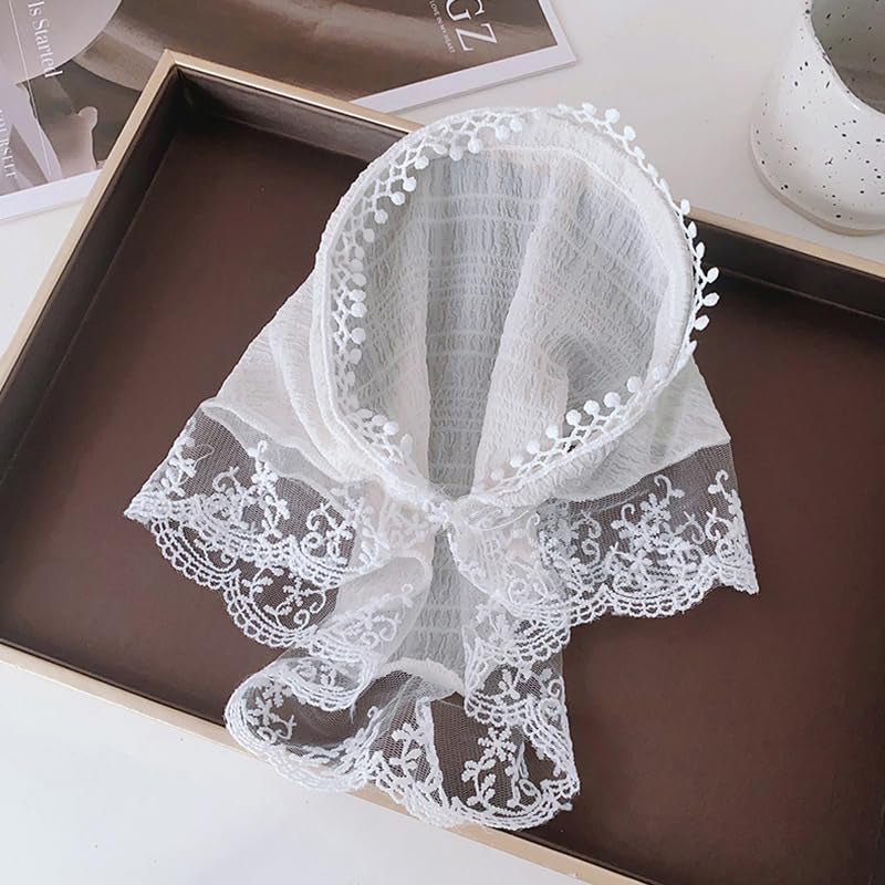 Hair Scarf Headband for Women Girls White Lace Head Kerchief Headband Soft Head Coverings Boho Triangle Bandana Turban Fashion Non Slip Scarves Accessories for Hair Styling Decor