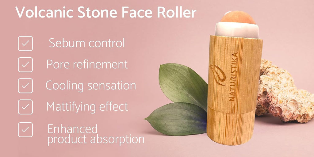 Double Head Face Roller with Rose Quartz + Volcanic Stone. Bamboo Face Roller Oil Absorbing Roller with Natural Quartz Face Eye Roller Massager. 1 Count.