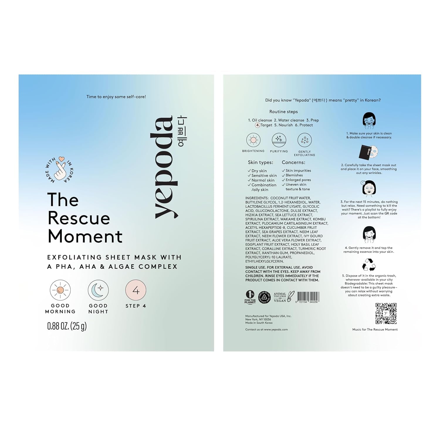 the Rescue Moment, Exfoliating PHA & AHA Sheet Mask, Brightening & Clarifying, Vegan Korean Sheet Mask for All Skin Types, 0.88 OZ. (25 G)