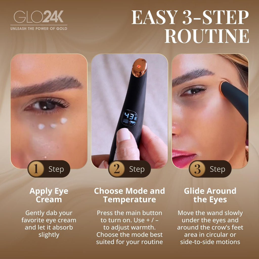 GLO24K Heated Eye Wand & Eye Massager Tool - Gentle Warmth & Vibration for Smoother-Looking Skin, Refreshing Under-Eyes Massage, Portable Beauty Device