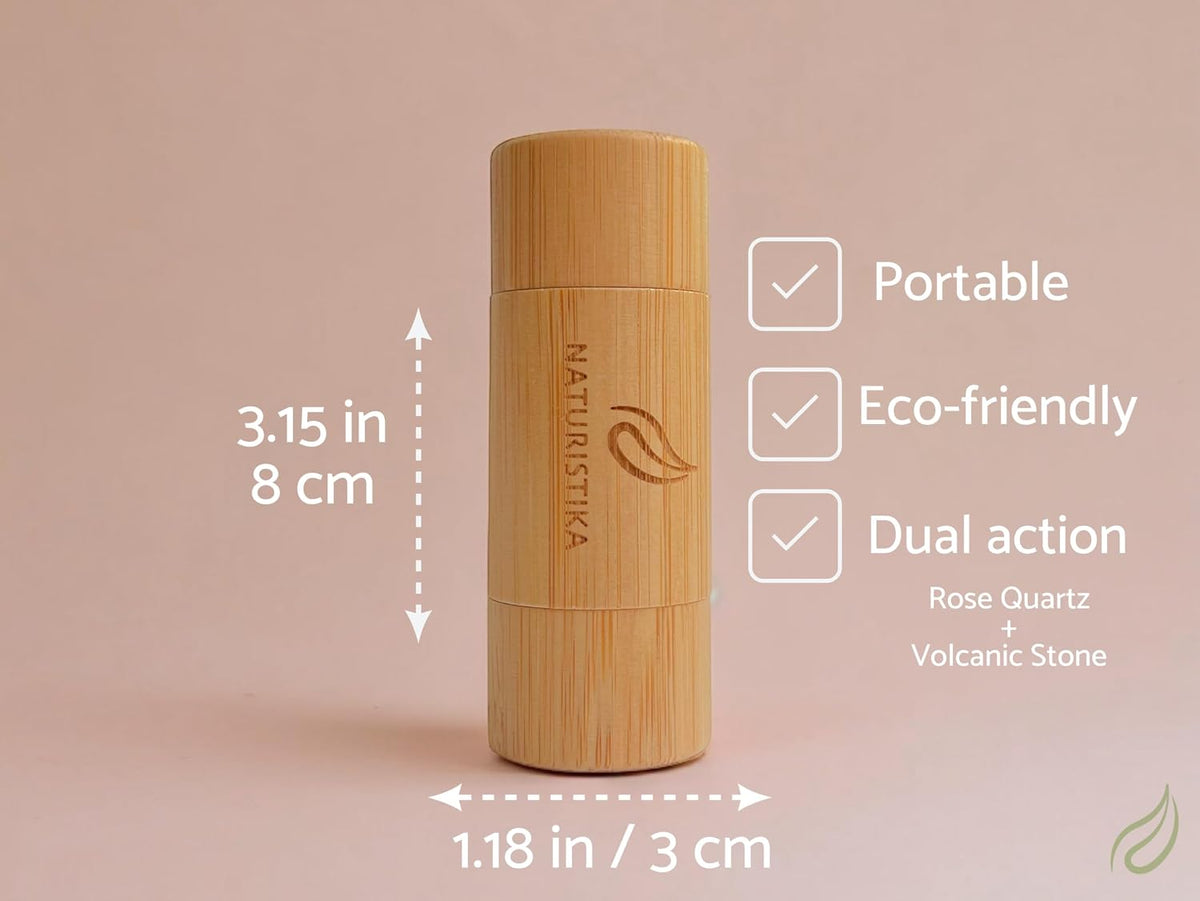 Double Head Face Roller with Rose Quartz + Volcanic Stone. Bamboo Face Roller Oil Absorbing Roller with Natural Quartz Face Eye Roller Massager. 1 Count.