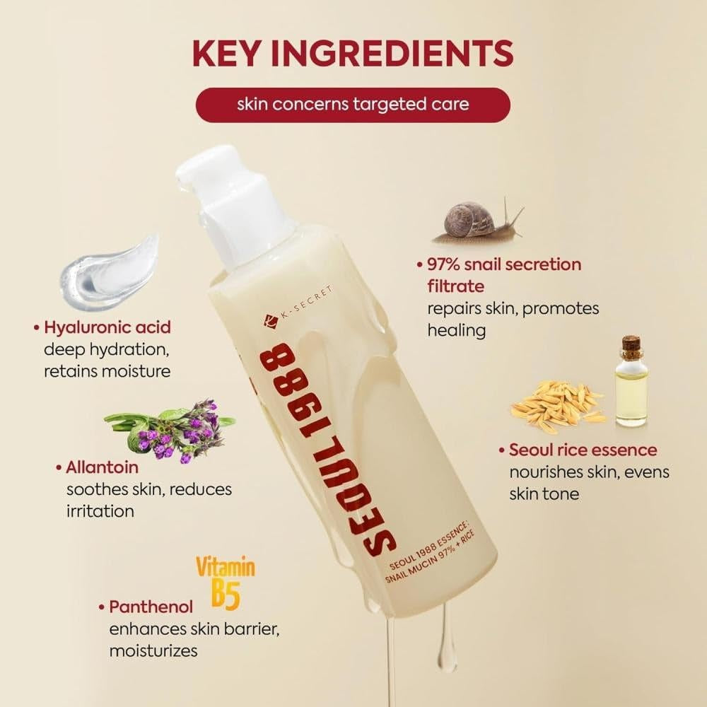 SEOUL 1988 Snail Mucin 97% Essence – Concentrated yet Lightweight Formula Infused with 97% Snail Mucin | Soothing & Fast-Absorbing Facial Serum | Korean Skincare, 100Ml / 3.38 Fl Oz