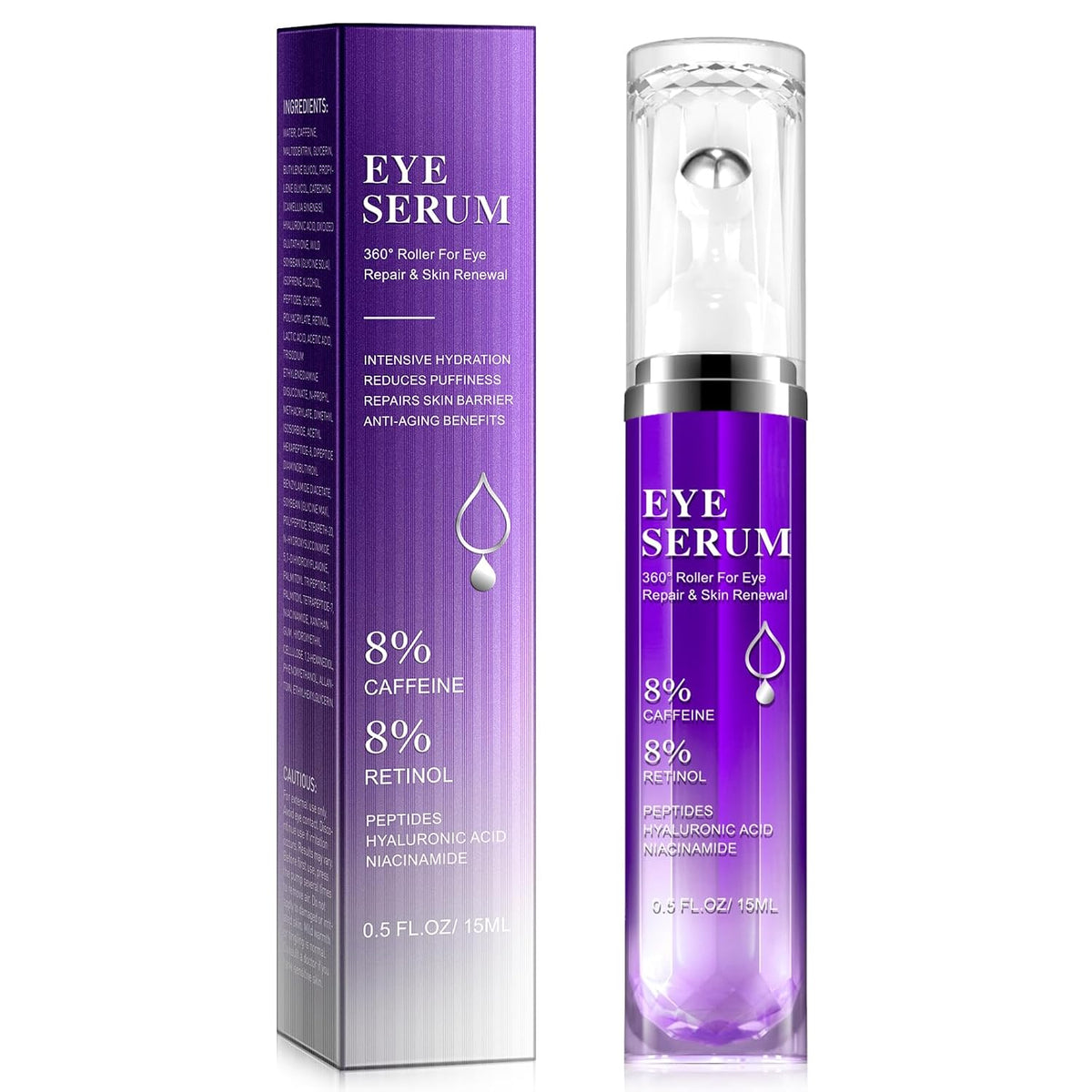 Eye Treatment Serum - 8% Caffeine & Retinol, Hyaluronic Acid, Niacinamide, Peptides - Cream for Dark Circles, Puffy Eyes, Fine Lines - 360° Eye Roller Massage Ball Included, 0.5 Fl. Oz