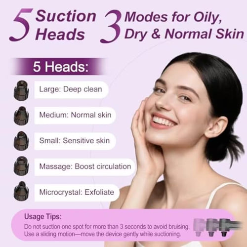 Blackhead Removers Pore Vacuum with Heating，5 Suction Heads & 3 Adjustable Suction Levels ，For Nose & Face Deep Pore Cleansing
