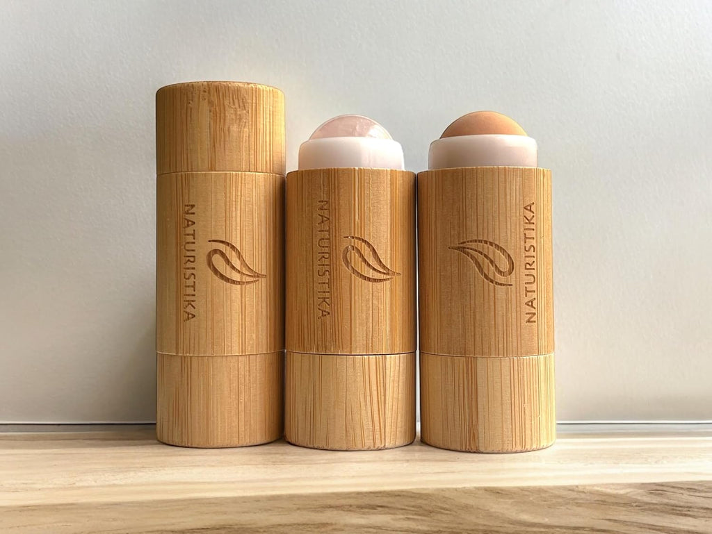 Double Head Face Roller with Rose Quartz + Volcanic Stone. Bamboo Face Roller Oil Absorbing Roller with Natural Quartz Face Eye Roller Massager. 1 Count.