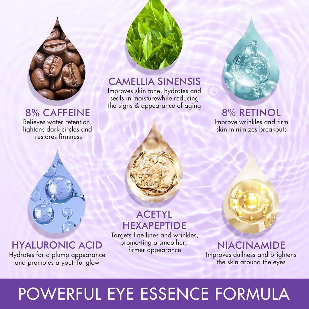 Eye Treatment Serum - 8% Caffeine & Retinol, Hyaluronic Acid, Niacinamide, Peptides - Cream for Dark Circles, Puffy Eyes, Fine Lines - 360° Eye Roller Massage Ball Included, 0.5 Fl. Oz