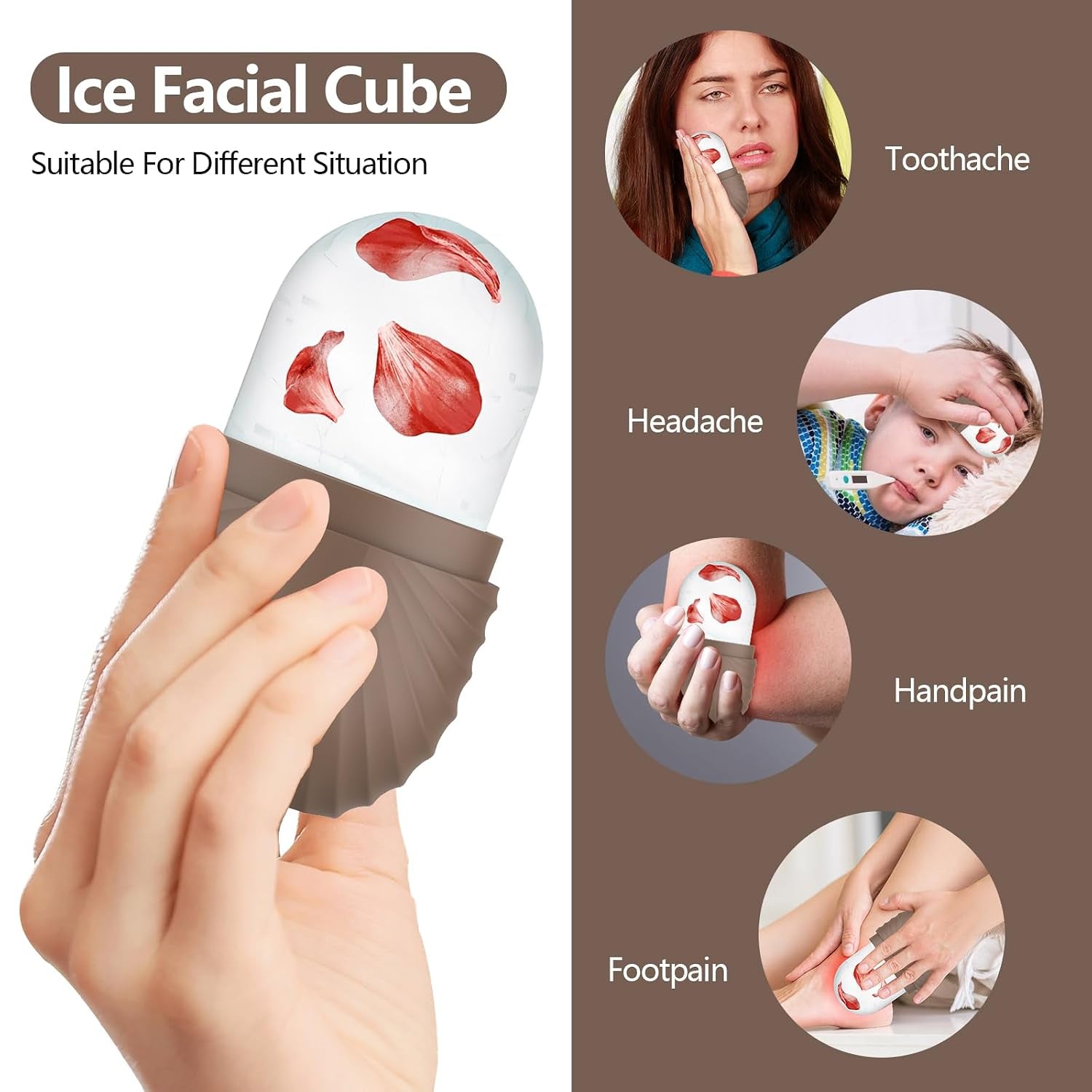 Ice Roller for Face and Eye, Silicone Ice Facial Roller Ice Holder, Face Ice Mold Skin Care, Face Icers Reusable Ice Cube Roller for Shrink Pores anti Wrinkle Reduce Puffiness, Brown