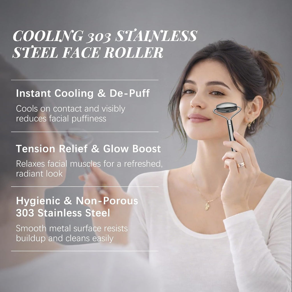 303 Stainless Steel Face Roller Set with Metal Gua Sha Facial Tool– Face Massager Tool for Lymphatic Drainage & Sculpting, Ice Face Roller & Guasha Tool for Face, Eye Roller Self Care Gifts for Women