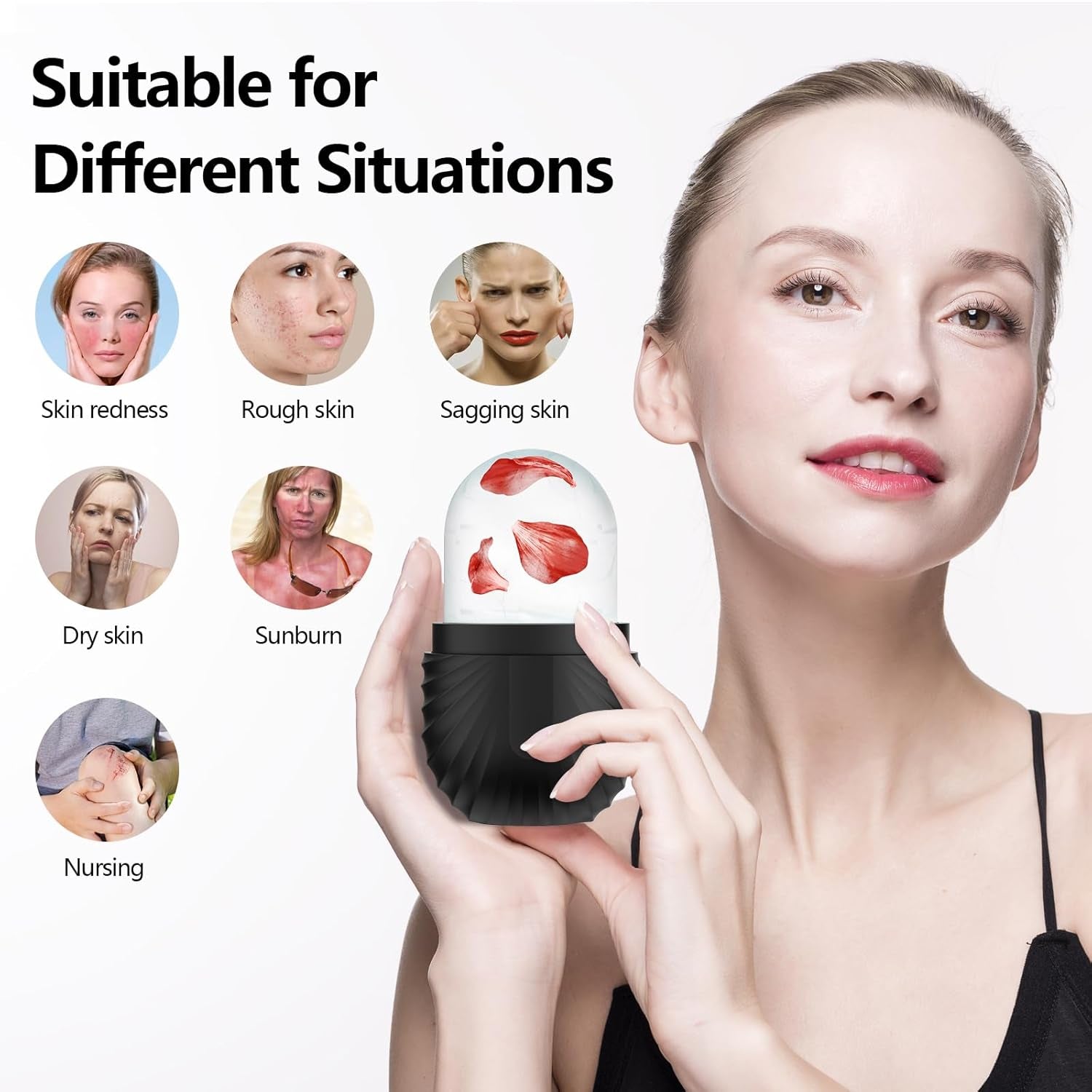 Ice Roller for Face and Eye, Reusable Silicone Ice Facial Roller Ice Holder, Face Ice Mold Skin Care, Ice Cube Roller for Shrink Pores anti Wrinkle Reduce Puffiness, Black