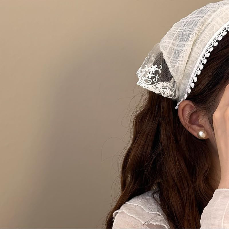 Hair Scarf Headband for Women Girls White Lace Head Kerchief Headband Soft Head Coverings Boho Triangle Bandana Turban Fashion Non Slip Scarves Accessories for Hair Styling Decor