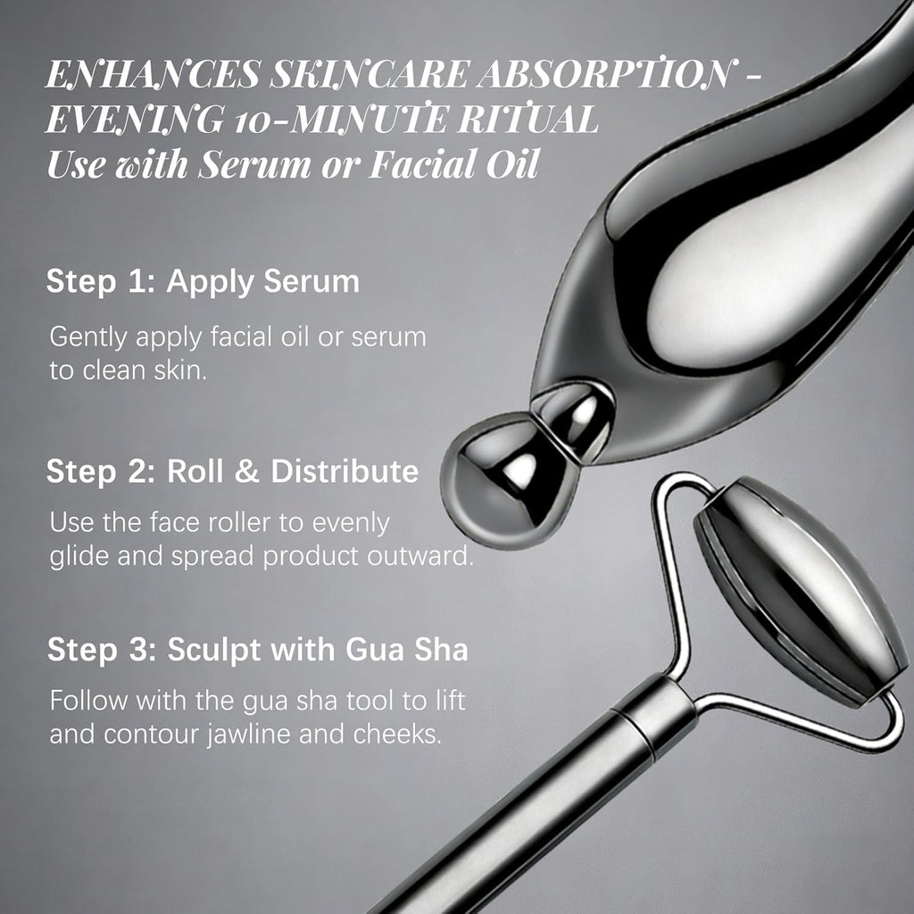 303 Stainless Steel Face Roller Set with Metal Gua Sha Facial Tool– Face Massager Tool for Lymphatic Drainage & Sculpting, Ice Face Roller & Guasha Tool for Face, Eye Roller Self Care Gifts for Women