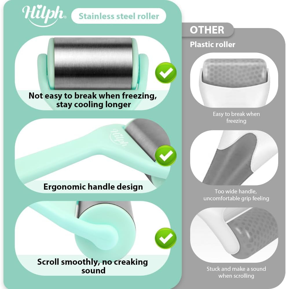Ice Roller for Face Metal, Stainless Steel Ice Face Roller for Skin Care, Cold Facial Massager Roller for Puffiness, Eye Bags, Wrinkles, Fine Lines Anti-Aging (Green)