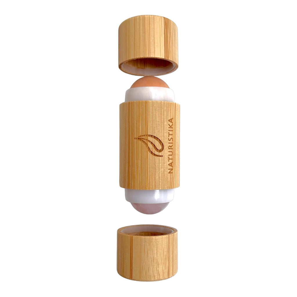 Double Head Face Roller with Rose Quartz + Volcanic Stone. Bamboo Face Roller Oil Absorbing Roller with Natural Quartz Face Eye Roller Massager. 1 Count.