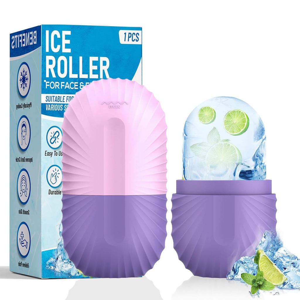 Ice Roller for Face and Eye, Silicone Ice Facial Roller Ice Holder, Face Ice Mold Skin Care, Face Icers Reusable Ice Cube Roller for Shrink Pores anti Wrinkle Reduce Puffiness, Purple