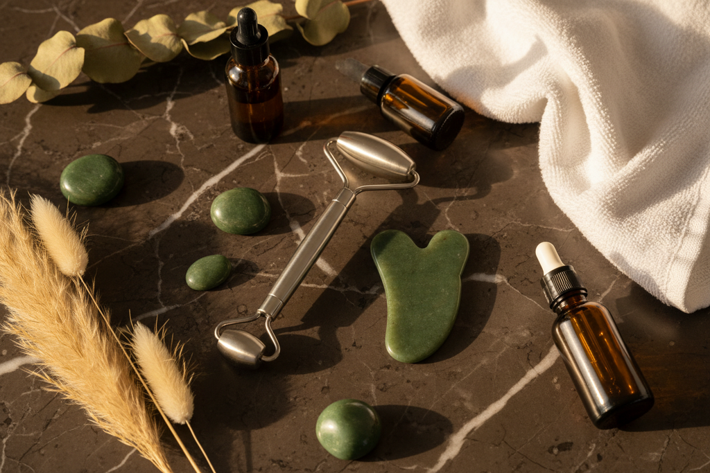 Stainless Steel Face Roller & Gua Sha Set lifestyle hero shot