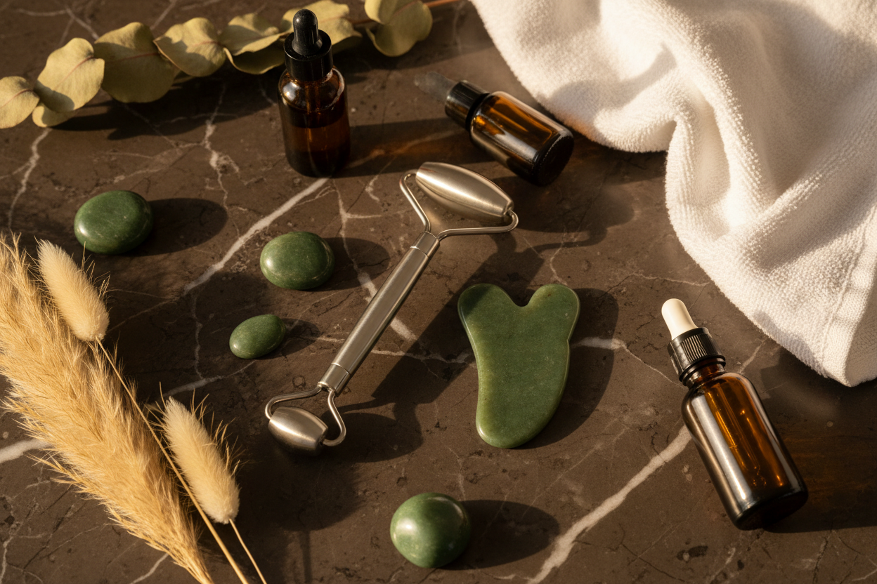 Stainless Steel Face Roller & Gua Sha Set lifestyle hero shot