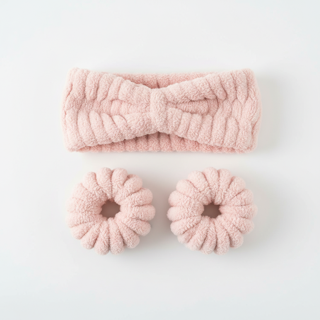 Pink sponge spa headband and wristband set on white background